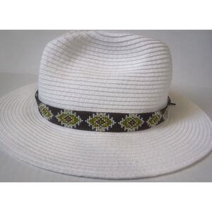 Beaded Hat Band Brown, White, Green, & Tan w/ Leather